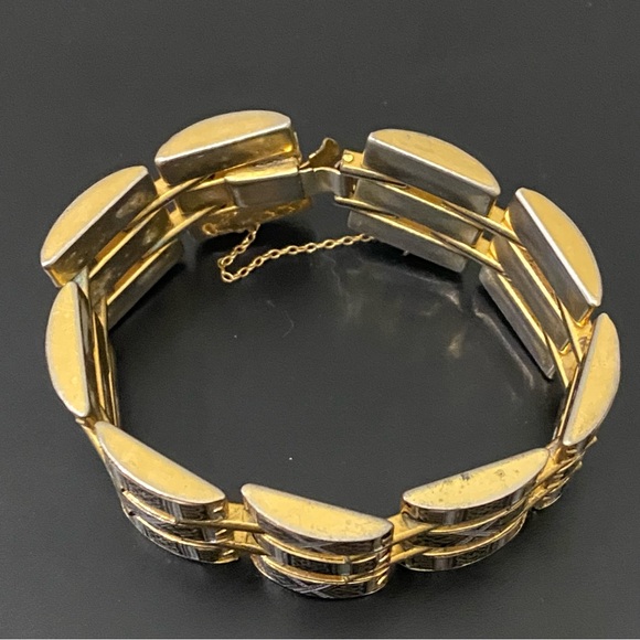 Vintage Gold-tone Damascene Art Deco 3-Row Hinged Bracelet 49g. - Picture 6 of 16
